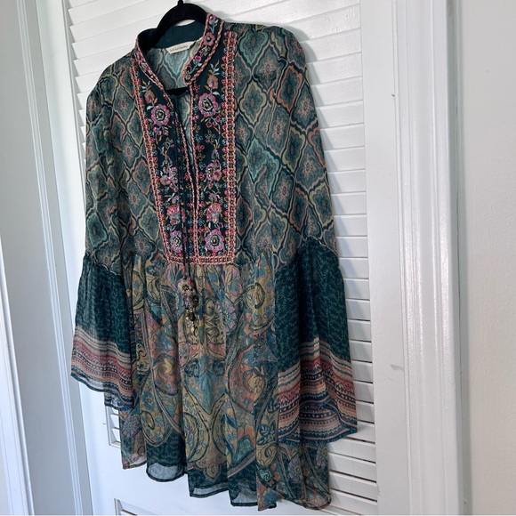 Soft Surroundings Boho Empire Waist Tassel Blouse Green Beaded Pink Flowey Med - Picture 8 of 9